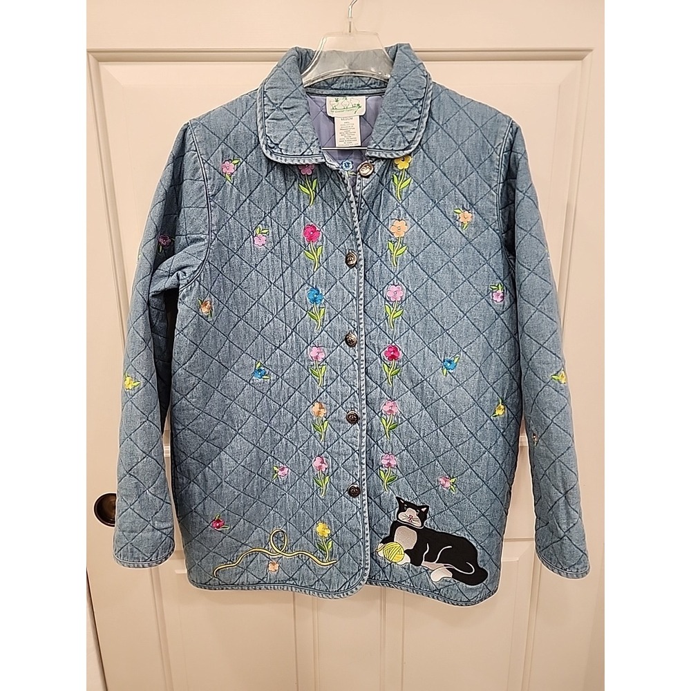 VTG The Quacker Factory Quilted Denim Blanket Jacket Womens M Cats Floral Beaded